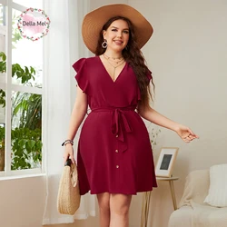 Della Mel Plus Size Women Clothing Dresses Summer Chiffon Deep V Sexy Red Mini Dress Elegant Casual Large Size Party Dresses 4XL