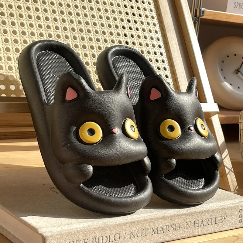 2025 New Arrival Cute Cartoon Indoor Bathroom Slippers For Women Home Shower Slides Light Weight Black Cat Girls Summer Shoes