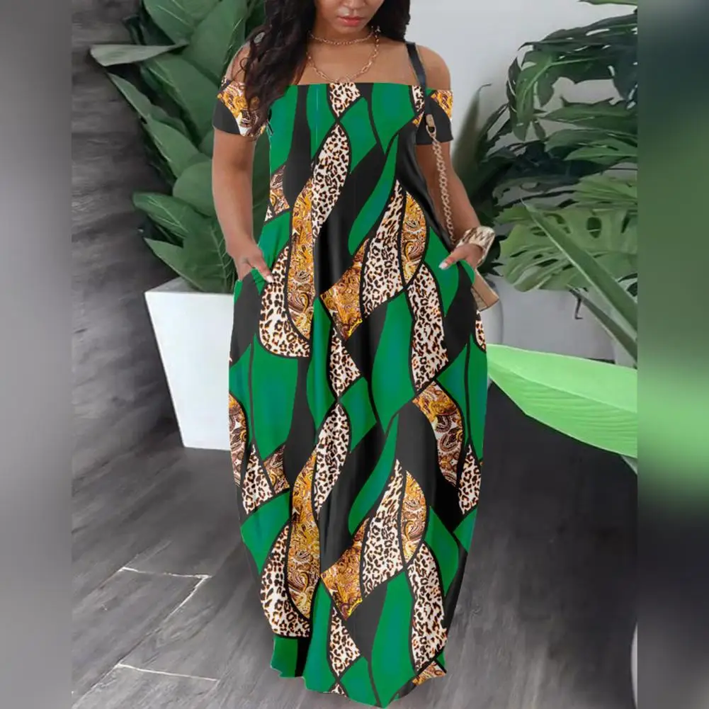 

Women Printed Maxi Dress One-line Collar Dress Colorful Digital Print Off Shoulder Maxi Dress with Backless Design for Women