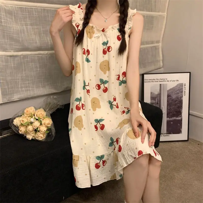 Sweet Kawaii Nightgowns Women Sleeveless Printed Loose Above Knee Korean Style Summer Students Cute Night Homewear Leisure BF image 2