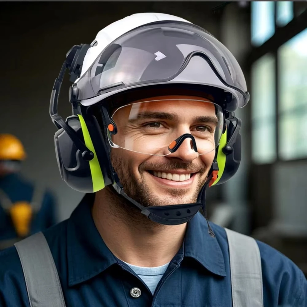 Multi-Function Safety Helmet – Visor, Built-in Goggles, Earmuffs, Noise Reduction Stickers, CE Certified for Industrial Use