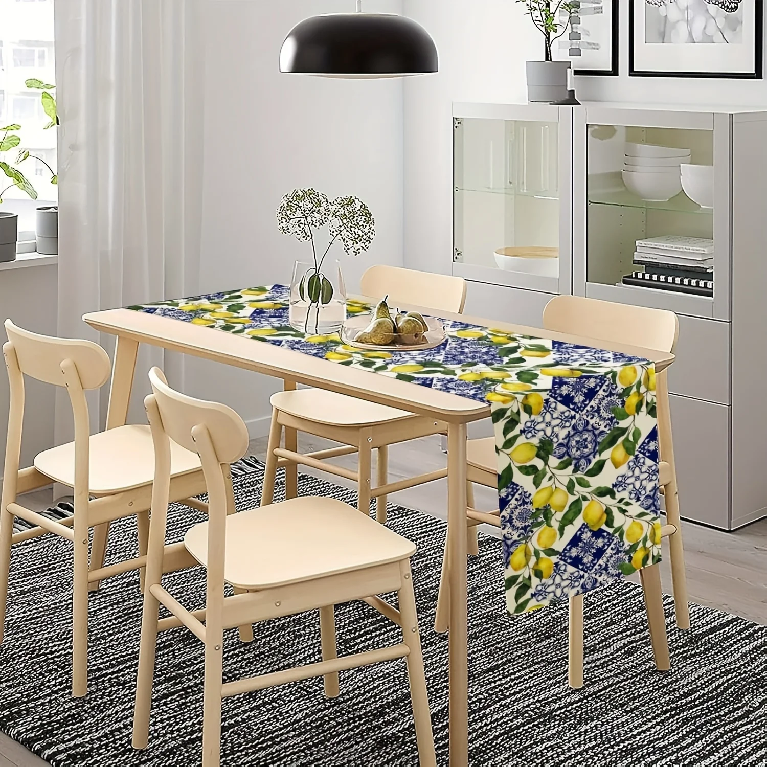 1 Stück Leinen-Tischläufer - mit Blauem Fliesen-Zitronen-Print für Landhaus, Zuhause, Küche, Innen- und Außenbereich, Partydekoration