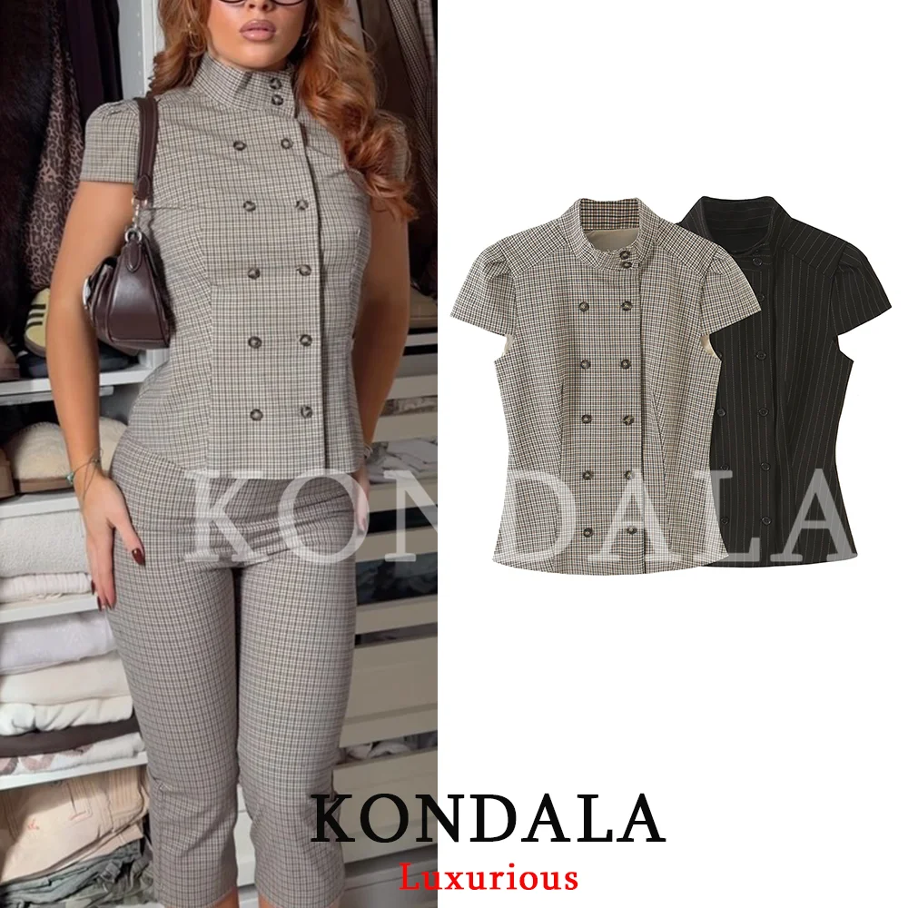 KONDALA Vintage Casual Chic Damen-Oberteil Gestreift Stehkragen O-Ausschnitt Doppelreihig Kurzarm-Oberteil Neue Mode 2026 Herbst-Oberteil