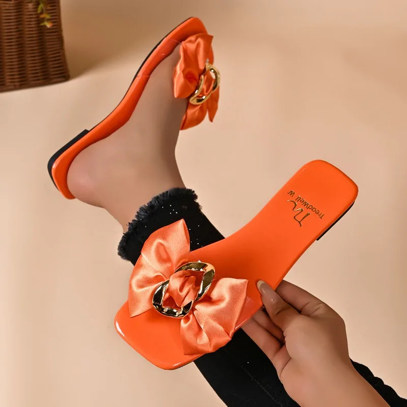 Summer Hot Sale Square Headed Comfortable Women's Slippers Fashionable Solid Anti Slip Bow Casual Women Shoes Claquette Femme