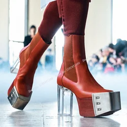 Abesire Red Clear Heel Metal Toe Boots Strange Style Square Toe Boots Short Shoes for Women High Heel Fashion apatillas Mujer