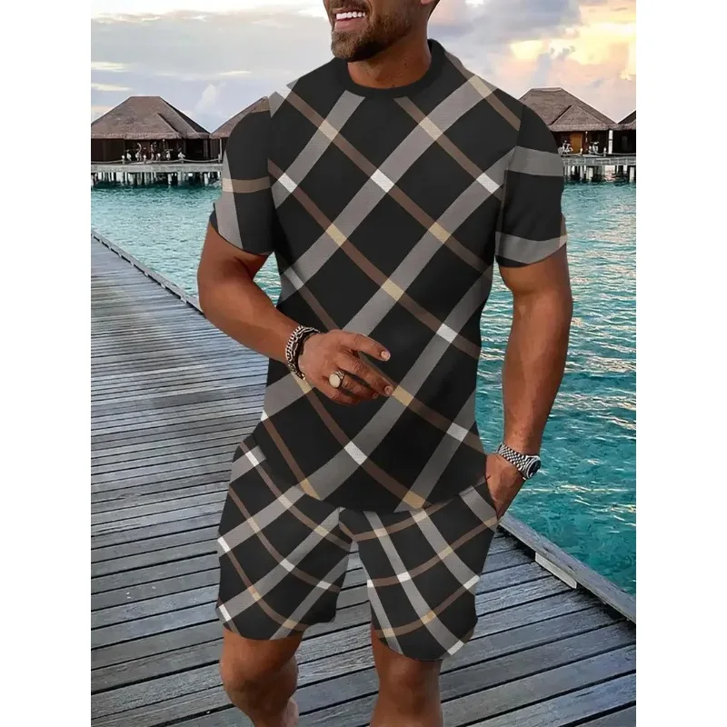 

2025 Hawaii Men's and Women's Sports Set Two-piece Jogging Suit Summer T-shirt Shorts Set 3D Color Blocked Print Casual