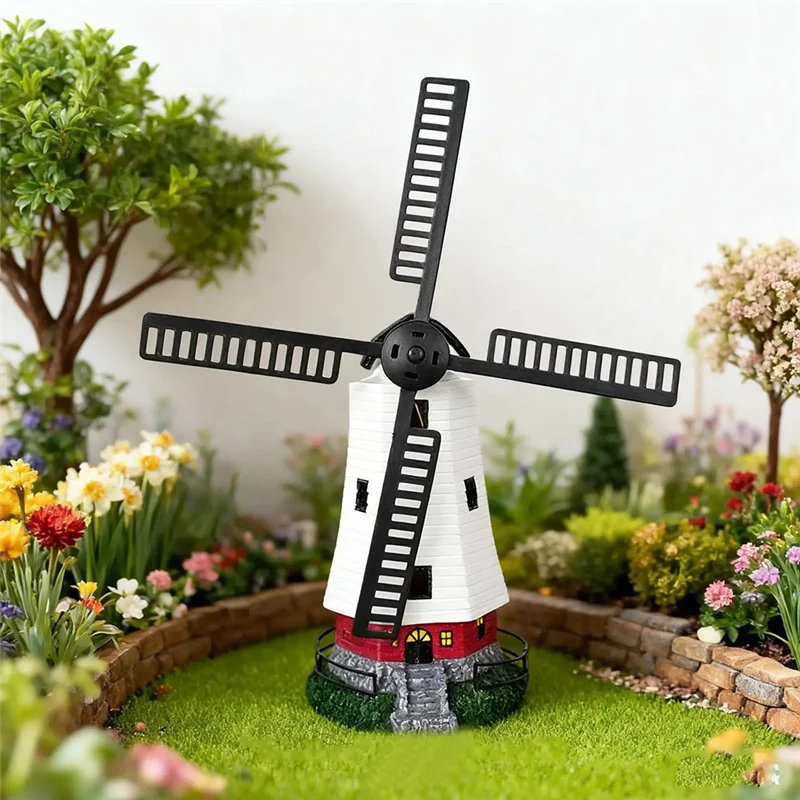 ABKW-Solar Light House Outdoor Decorative LED Wind Mill Figurine Solar Powered Lighted Windmill Statue For Garden Yard