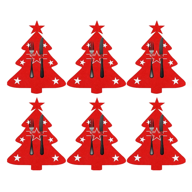 6Pcs Christmas Tree Cutlery Covers Felt Non-woven Fabric Knife Fork Set Bags New Year Xmas Party Decor Tableware Holder Mats