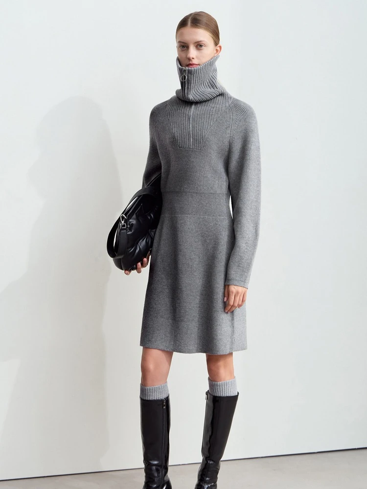 Amii Minimalist 2025 Winter New Women's Casual Knitted Skirt Lapel Shoulder Sleeve Zipper Semi-open Placket Waist Dress 12444240