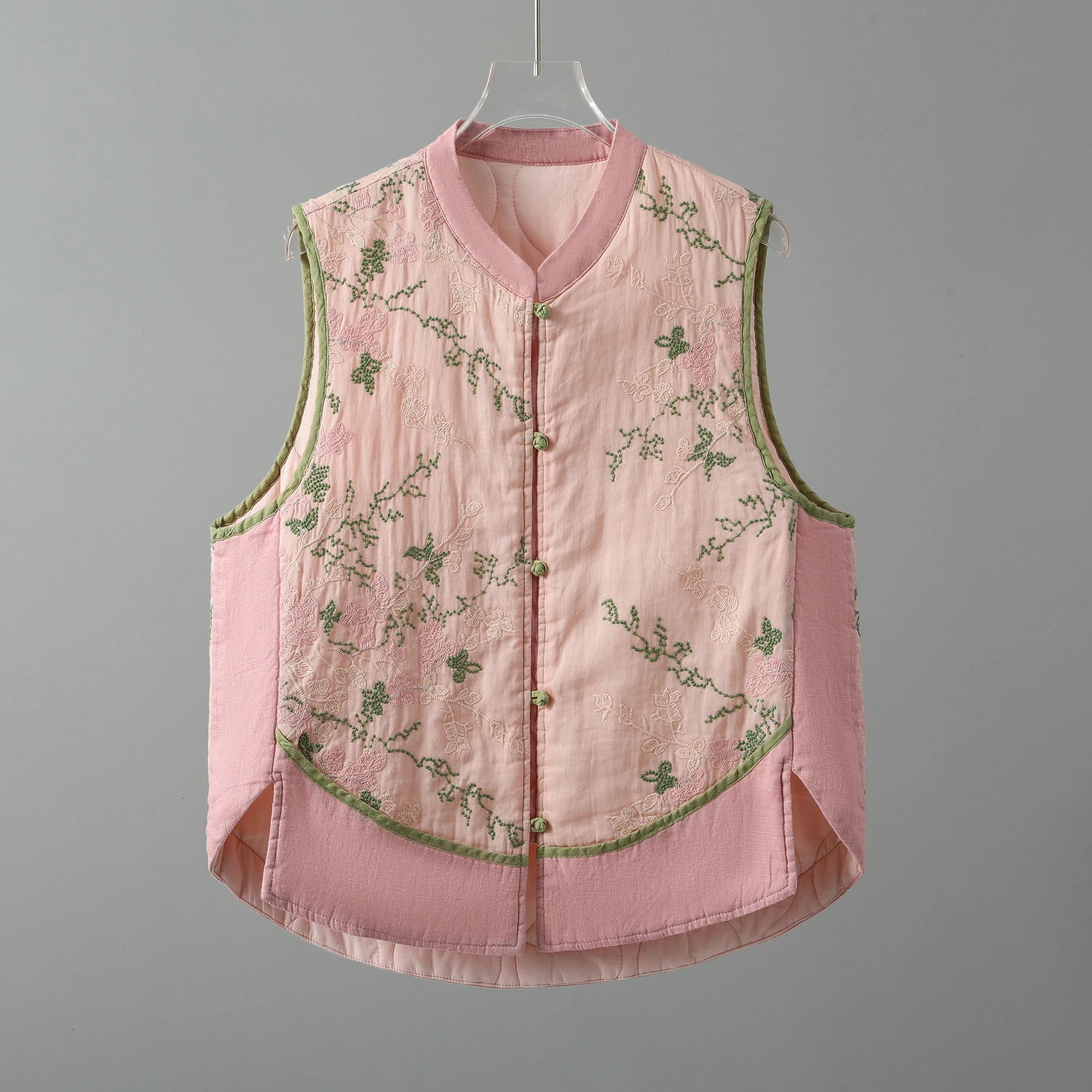 Chinese Style Vintage Waistcoat Flower Embroidery Buckle Stand Collar Linen Vest Female Winter Fall Fashion Cotton Padded Tops