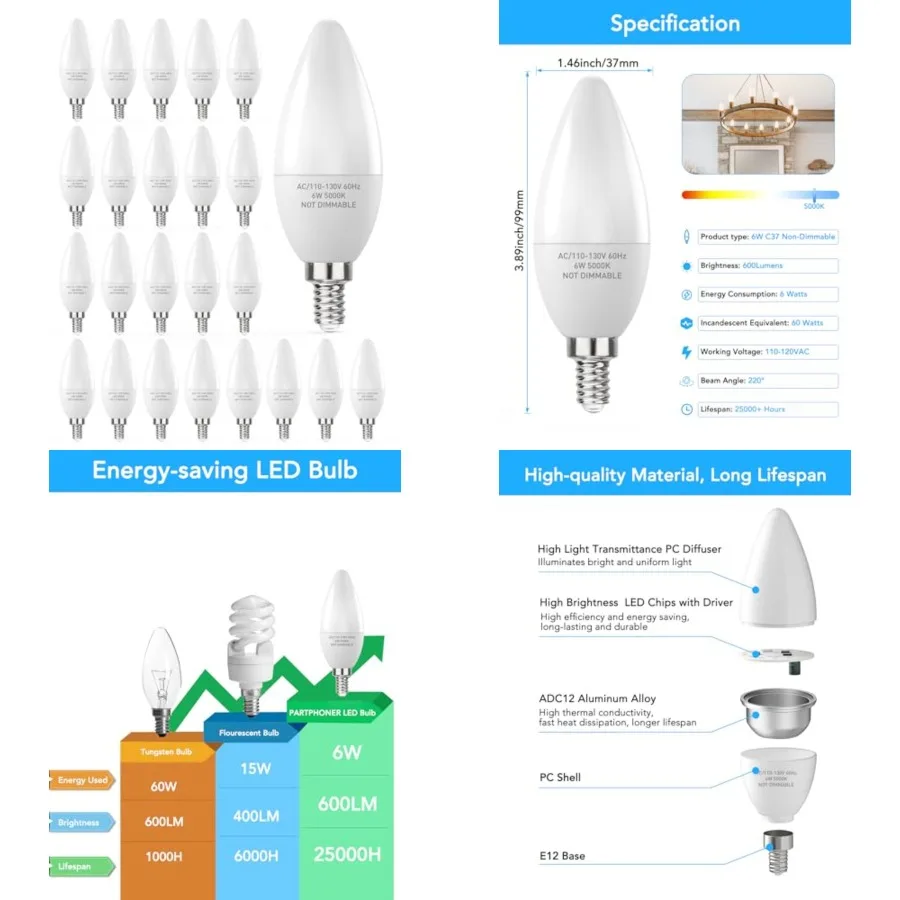 E12 LED Light Bulbs B11 Candelabra Bulbs 60W Equivalent, Non-Dimmable 6W LED Candle Chandelier Bulb 600 Lumen,,Pack of 24