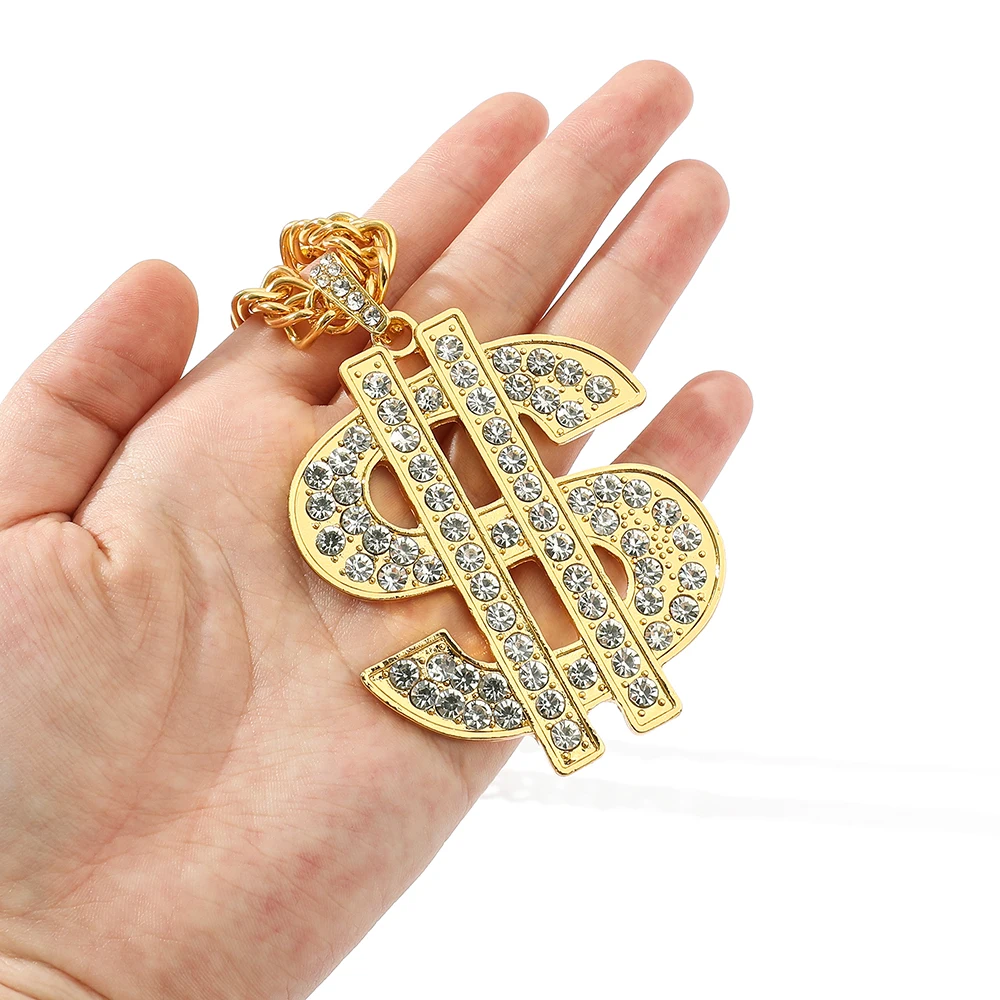 Hip Hop Rap Gold Color US Dollar Pendant Necklace Luxury Rhinestones Dollar Money Symbol Necklace for Rock Jewelry Accessories