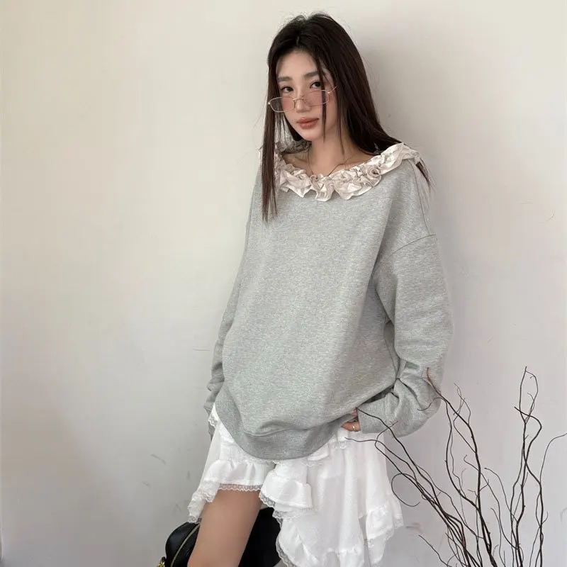 Women's Sweatshirt One-piece Collar Lace Spliced Long Sleeves Lazy Style Loose Sleeve Hot Girl Casual Sleeve Top