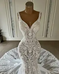 Gorgeous Lace Mermaid Wedding Dresses Customized Bridal Gowns V Neck Backless Lace Appliqued Boho Country Vestidos De Novia