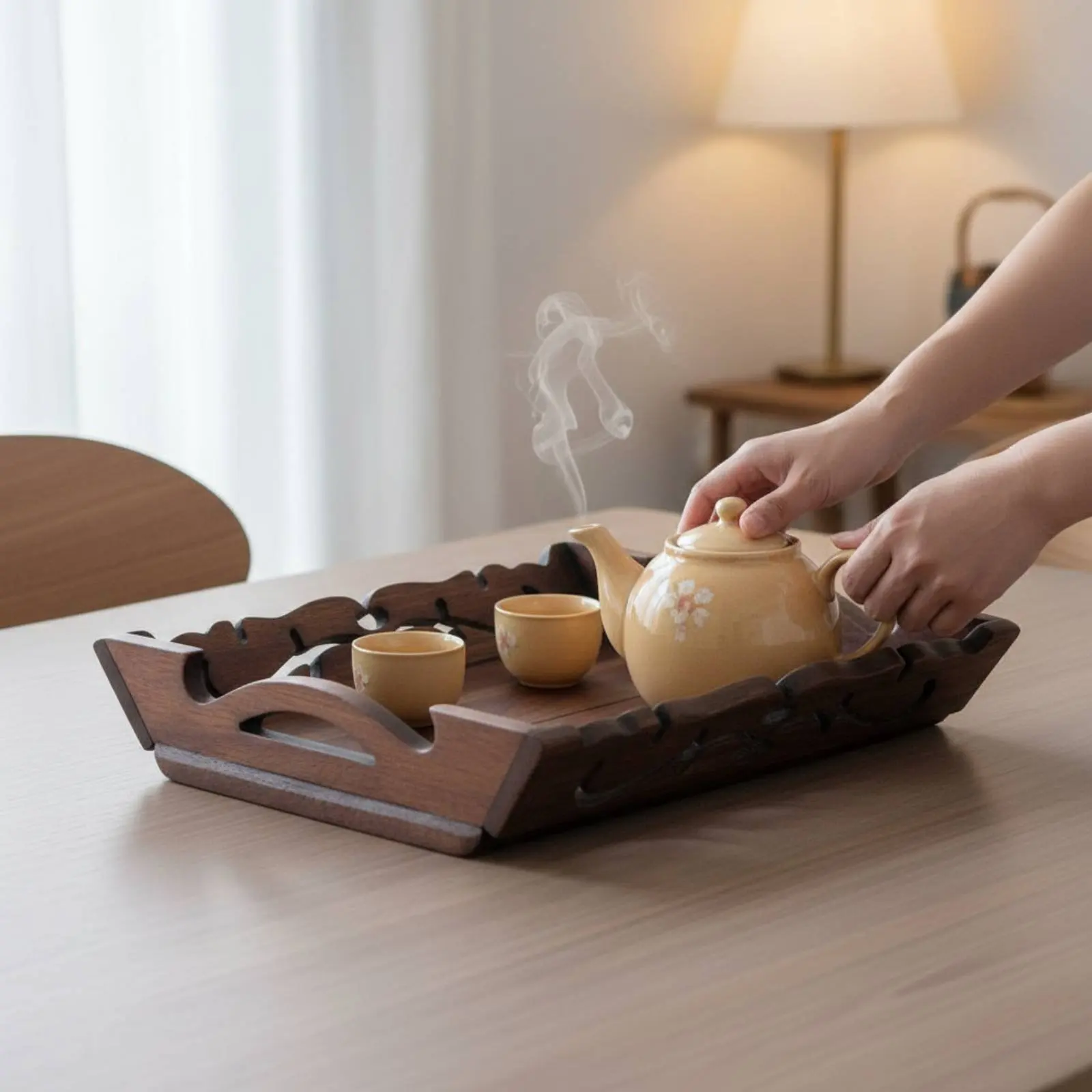 

Tea Tray Hollow Design Wooden Tray Household Storage Home Decor Polished Polished Surface for Living Room