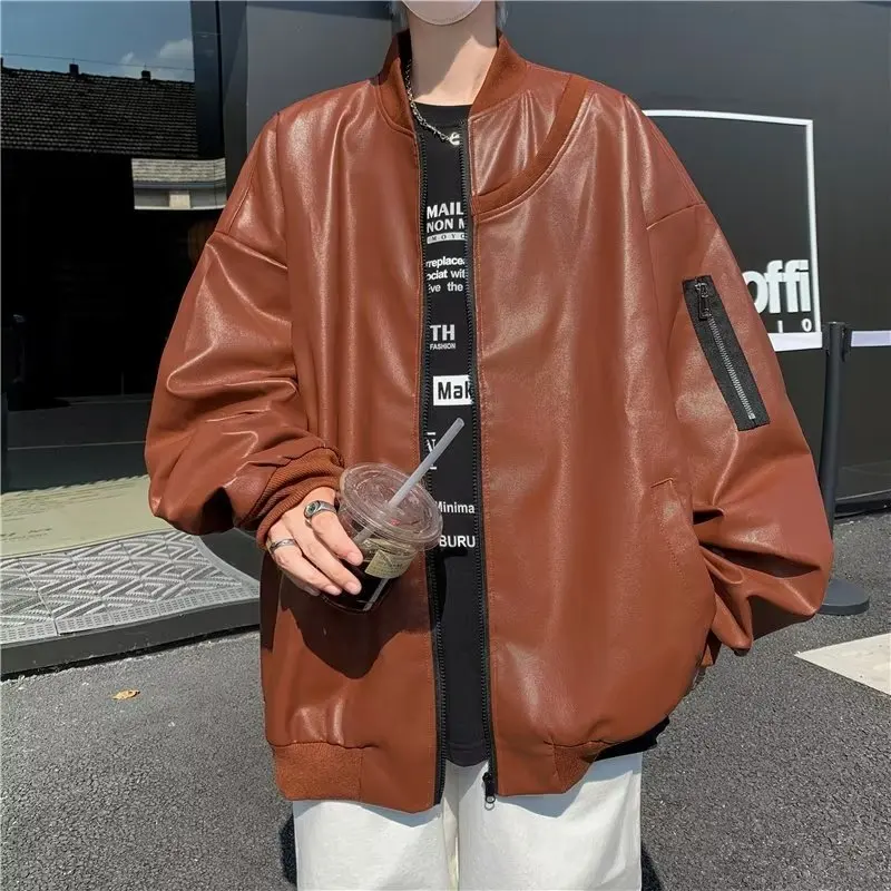 American Men's PU Jacket Patchwork Street Pilot Motorcycle Suit Hiphop Trendy Loose Oversized Ruffian Handsome Top Spring Autumn