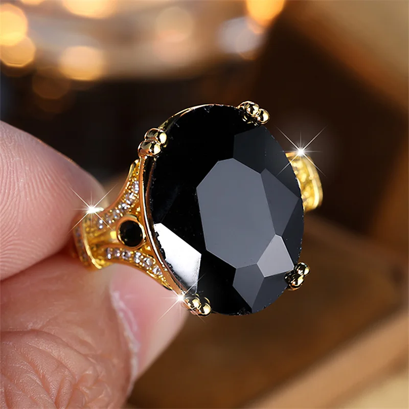 Luxury Unisex Big Oval Black Stone Rings For Women Men Antique Gold Color Female Male Zircon Wedding Bands Engagement Jewelry CZ