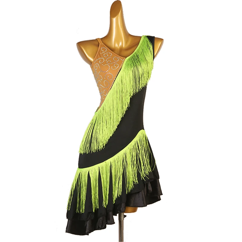 

New Latin Adult Performance Competition Professional Rumba Cha Cha Dance Dress Tassel Style