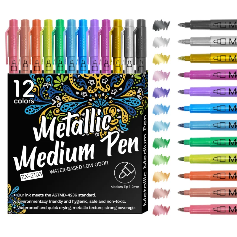 12 Pack Metallic Acrylic Paint Markers,Medium Tip 1-2mm for Rock Painting,Stone,Glass,Ceramic,Wood,Fabric,Black Paper,DIY Crafts