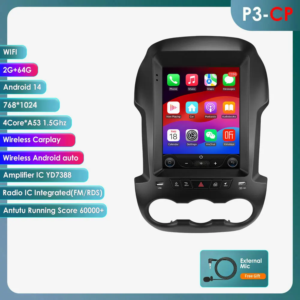 Hizpo 9.7" 9.7Inch Touch QLED Scherm Android 15 Voor Ford Ranger 2012 - 2015 Autoradio Stereo Auto Stereo Video Carplay GPS Navigatie WIFI Slimme Intelligente Systemen IPS Touchscreen Stereo