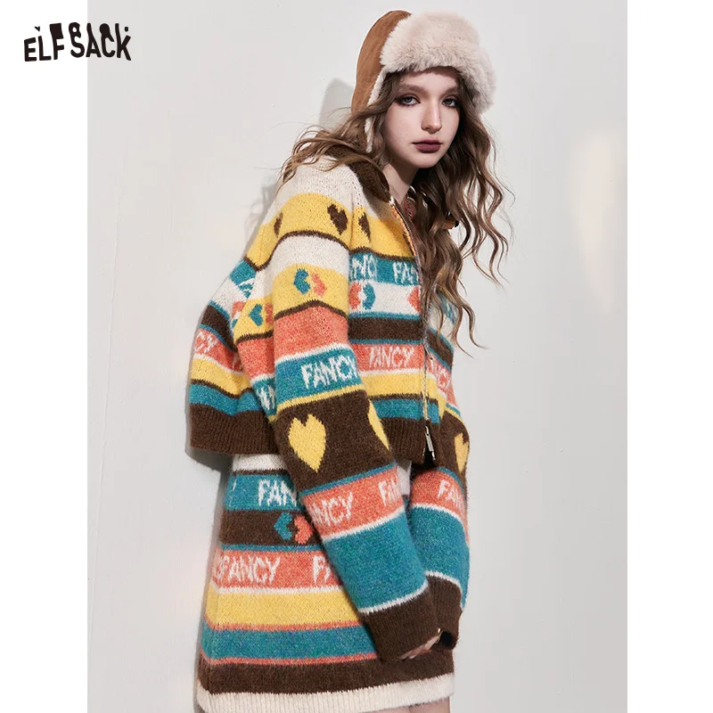 ELFSACK Y2K 2000s Zip Up Sweaters Women 2023 Winter Retro Long Sleeve Knitwears