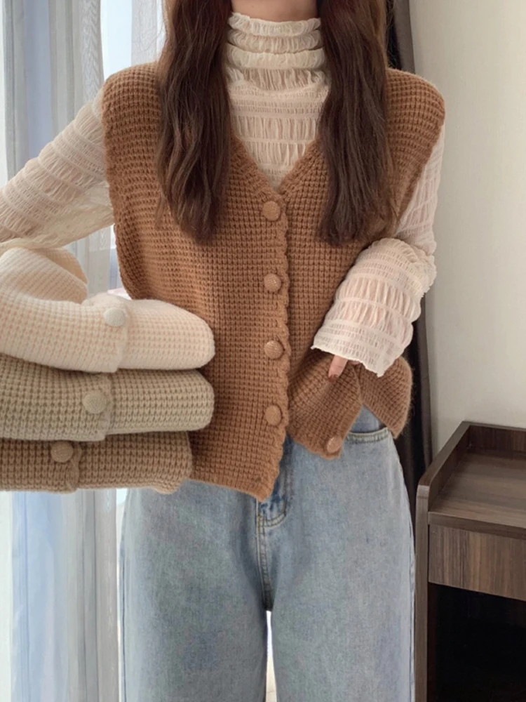 

Sweater Vest Women Winter Sleeveless Cropped Cardigan Japan Style Loose V-neck Knitted Single Breasted Knitwear School Vest