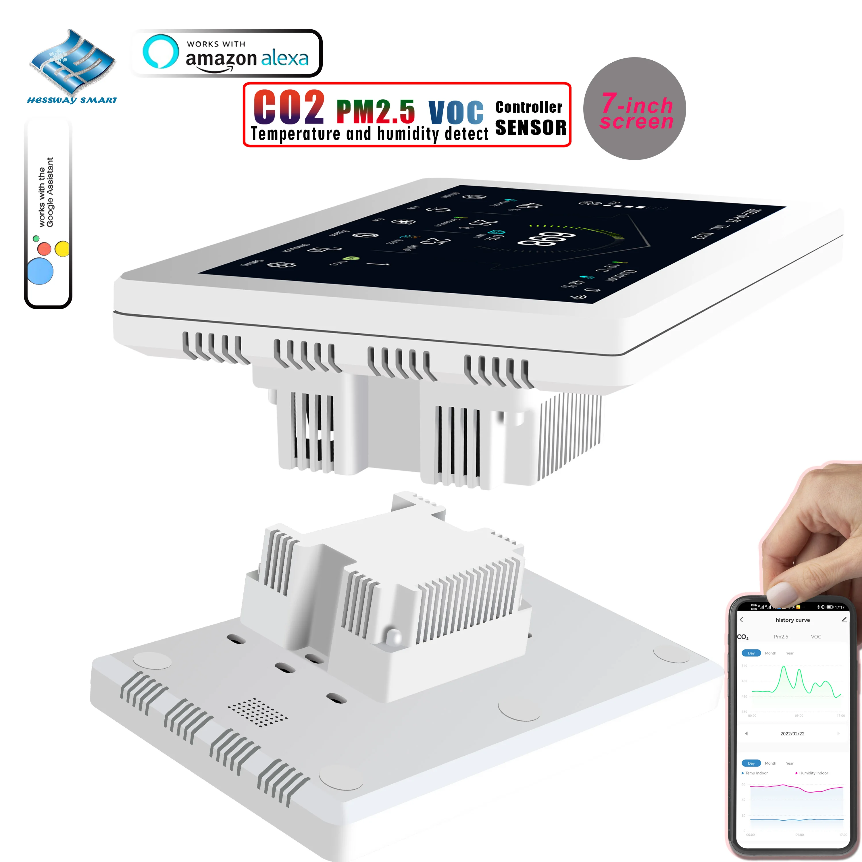 WIFI TUYA 7 Inch  Sensor RS485 VOC,PM2.5 CO2 Control Drop Panel for Temp Temperature Humidity Work EC 0-10/AC 3-Speed Fan