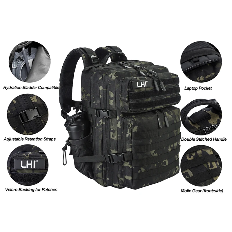 LHI 45L Tactical Hunting Backpack for Men Outdoor Waterproof Camouflage Bug Out Bag Hiking Survival Rucksack with Bottle Holder
