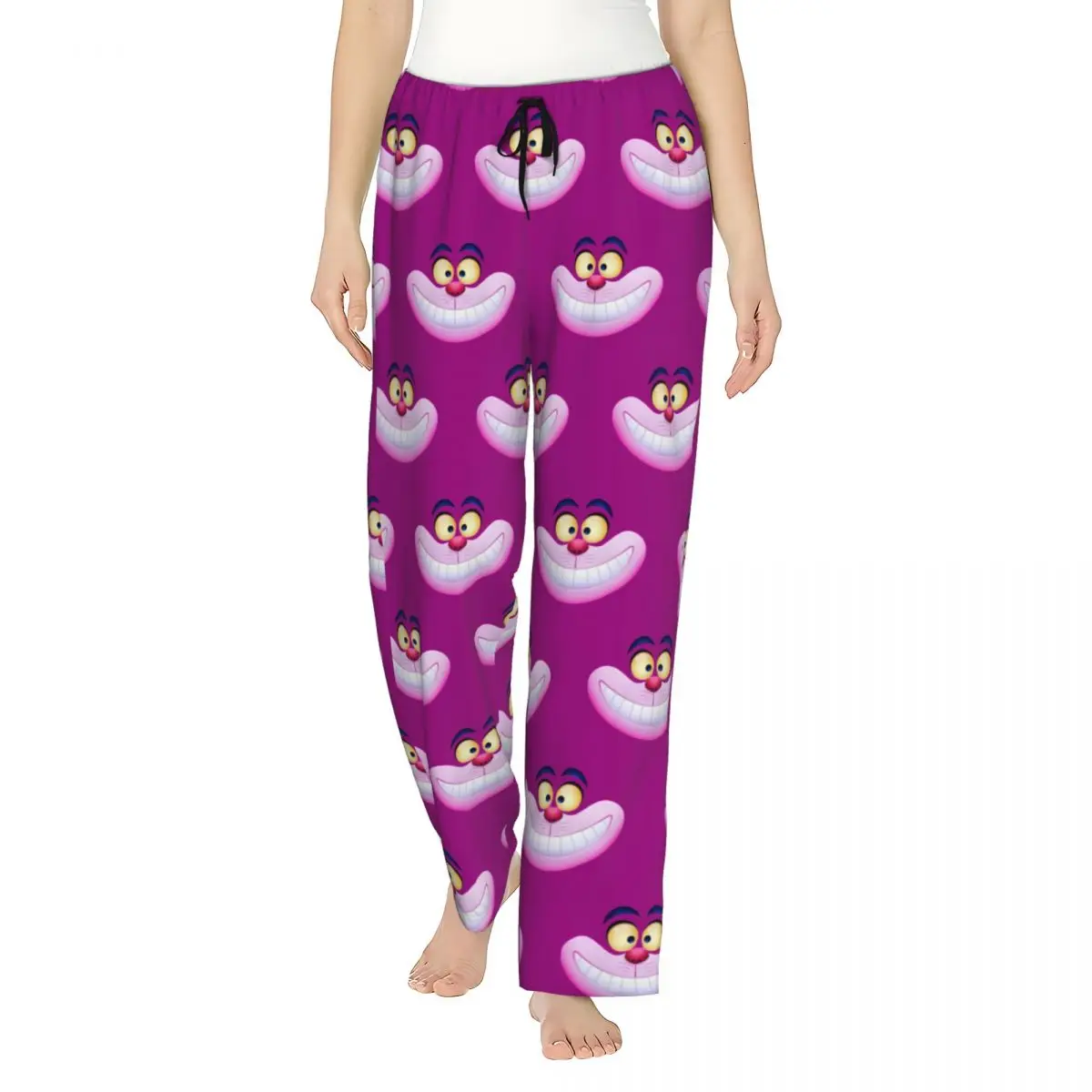 Custom Smiling Cheshire Cat Pajama Pants Sleepwear Women's Elastic Waistband Cartoon Anime Sleep Lounge Bottoms with Pockets