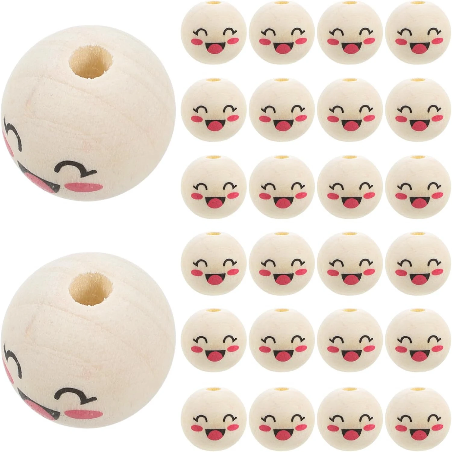 30pcs Wooden Beads with Face, Craft Beads with Holes, 20mm Smile Face Wood Beads for Christmas Tree Wreath DIY Key Chain Craft
