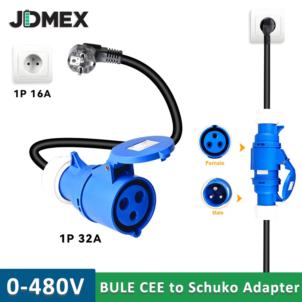 JDMEX EV Charger CEE Plug Connector CEE Female Plug 3Pins CEE to Schuko Adapter 0.5m for 32A 1Phase 7KW Charger Electric Vehicle