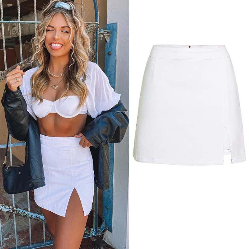 Sexy Club Outfits Women Faux PU Leather Skirt Side Split Open Stretch Short Mini Skirts Sheath Female Clubwear Nightclub White