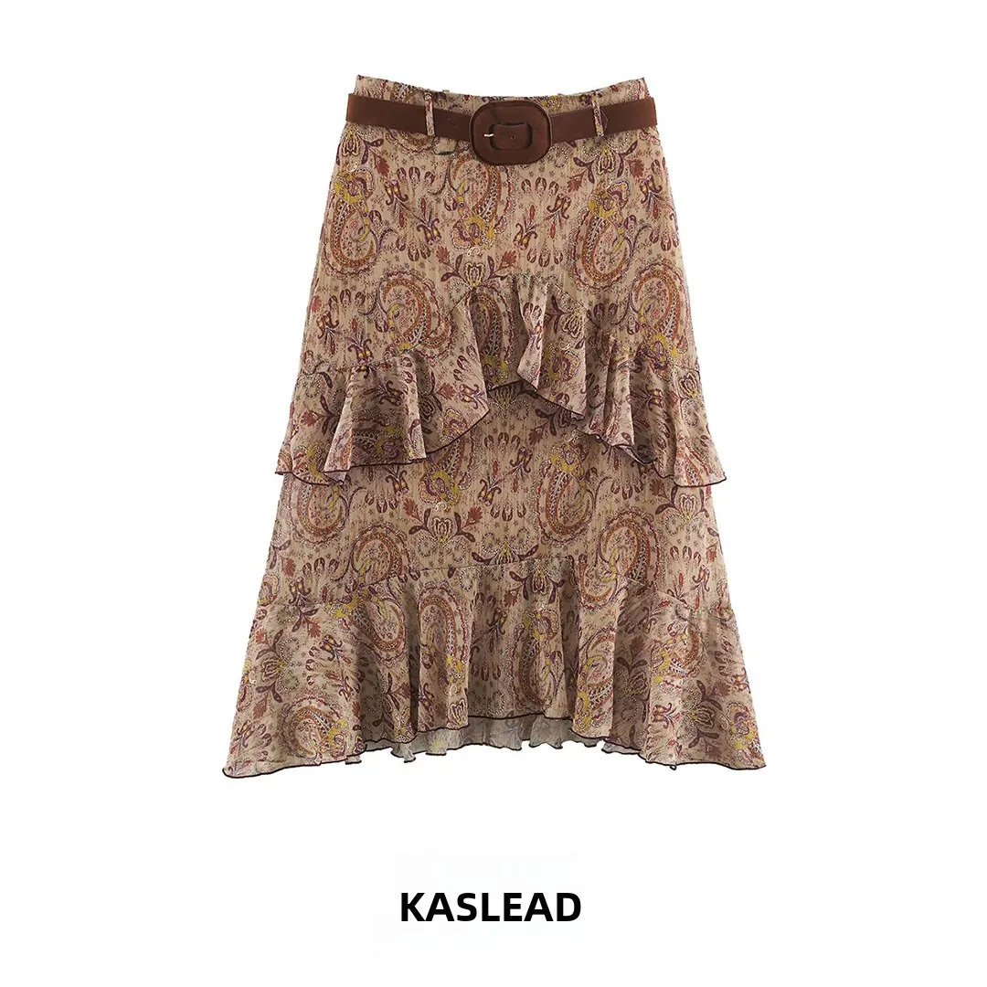 KASLEAD New Women's Fashion Versatile Print Layered Decoration Skirt Standard Fit Uneven Hem Polyester Fiber Printed Skirt