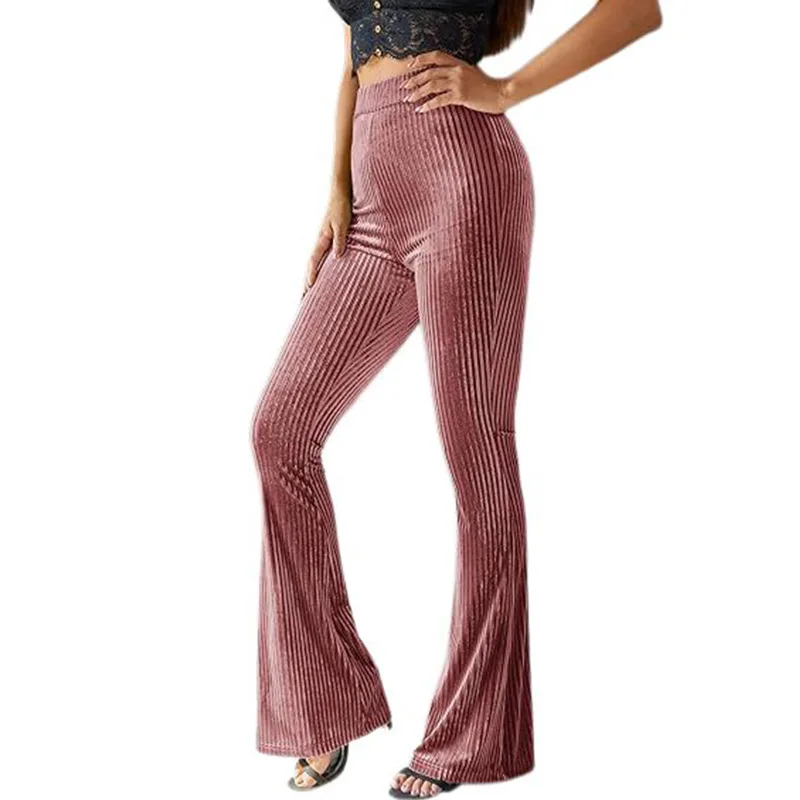 Women High Waist Stretch Pleuche Ribbed Flare Pants Elegant Velvet Warm Bell Bottoms Autumn Winter Female Casual Long Trousers