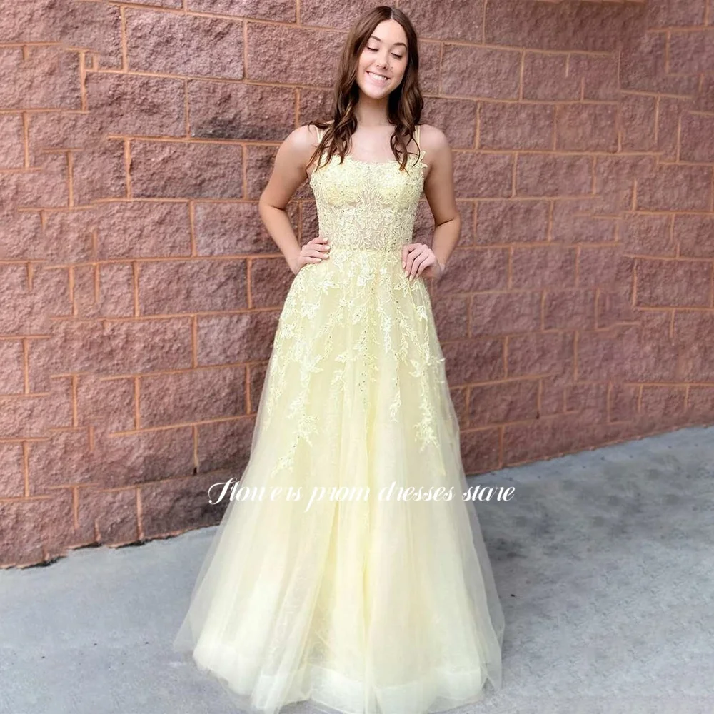 

Flowers Tulle Party Gowns A Line Evening Gowns Lace Applique Prom Gowns for Women Strap vestidos de fiesta Customized