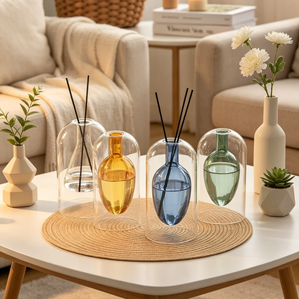 Double Layered Glass Aromatherapy Bottle Home Fragrance Essential Oil Container with Diffusers Sticks Modern Home Decorations