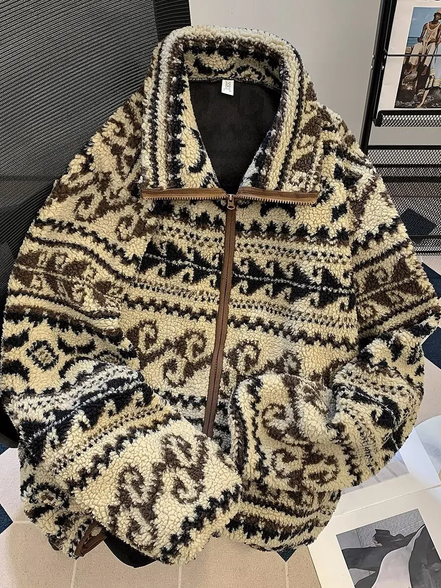 

Warmth Stand Collar Fce Jaet Men's Autumn Winter Loose Fit Zipper Closure Embroidered Plu Outerwear Youth Faion