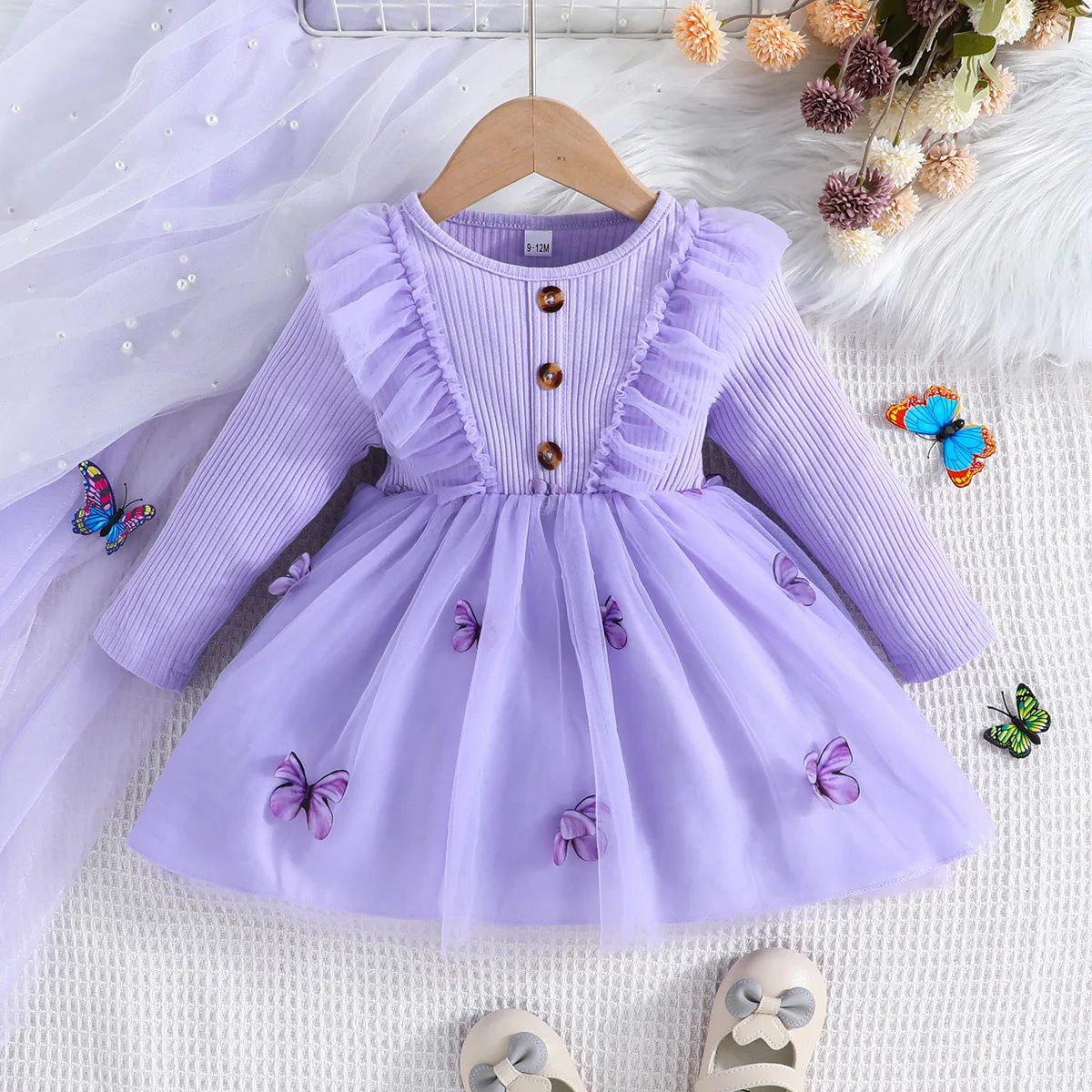 Kind Mädchen Kleid Lange Ärmel Rippen Stricken Stoff Tüll Rüschen Drei Knopf Kinder Rock Tüll Schmetterling Muster Baby Tragen