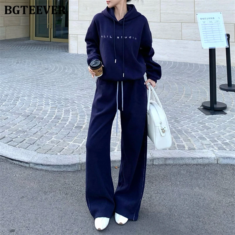 BGTEEVER Autumn Winter Casual Ladies 2 Pieces Set Long Sleeve Hooded Sweatshirts & Wide Leg Trousers Stylish Women Tracksuits