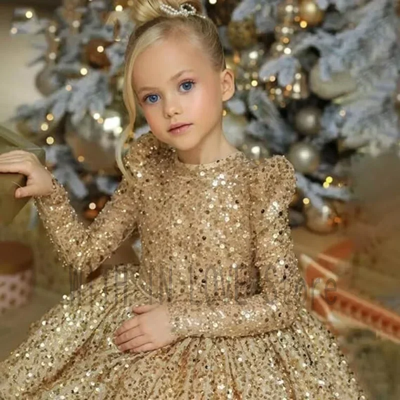 

Flower Girl Dress Long Sleeves Gold Sequin Luxury Puffy Baby Girl Pageant Birthday Party Wedding First Communion Holiday Gown