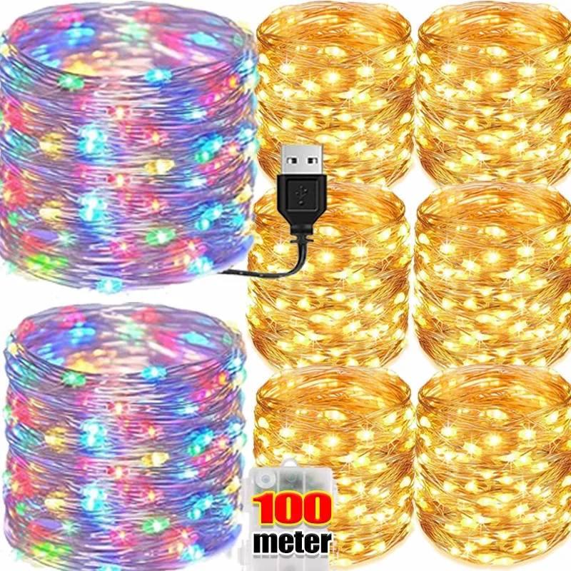 100/2M LED String Lights Copper Wire Fairy Light Strings Garland Lighting String Xmas Wedding Party Lamps USB/Battery Operated