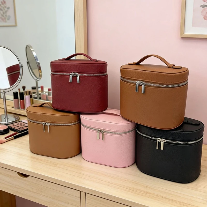PU Leather Makeup Bag Removable Compartments Large Capacity Travel Toiletry Bags with Handle Portable Cosmetic Case