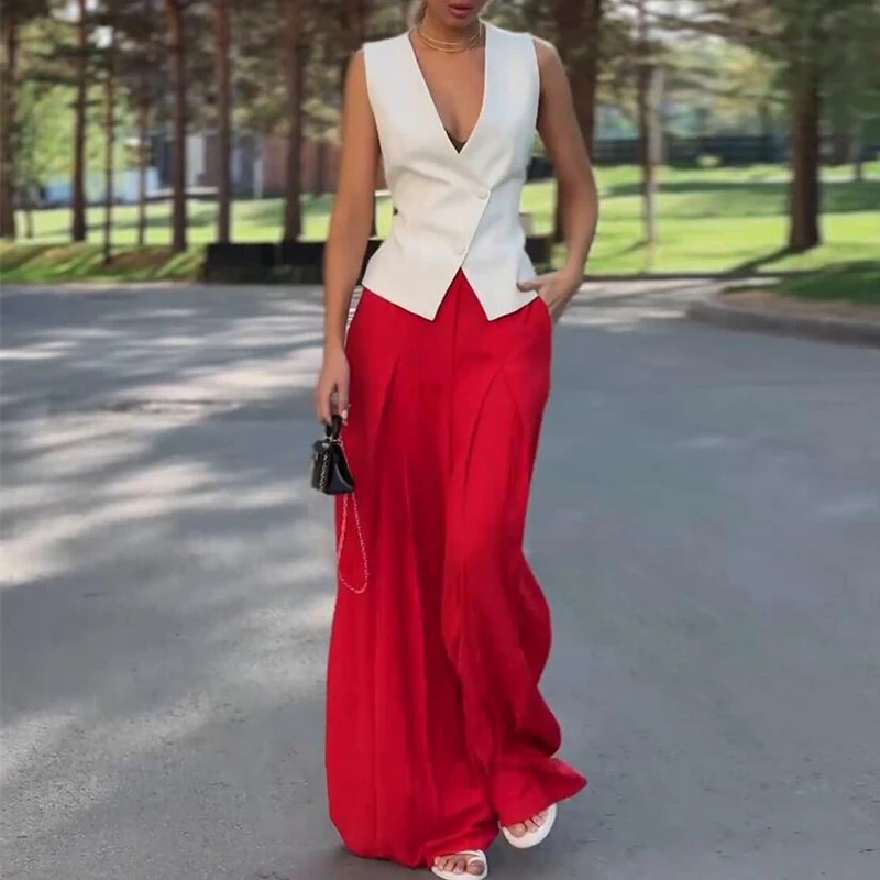 Lady Fashion Sleeveless V-neck Blouse Tops+Pocket Trousers 2Pcs Suit High Street Group Of Pants Set 2024 Women Slim Club Outfit