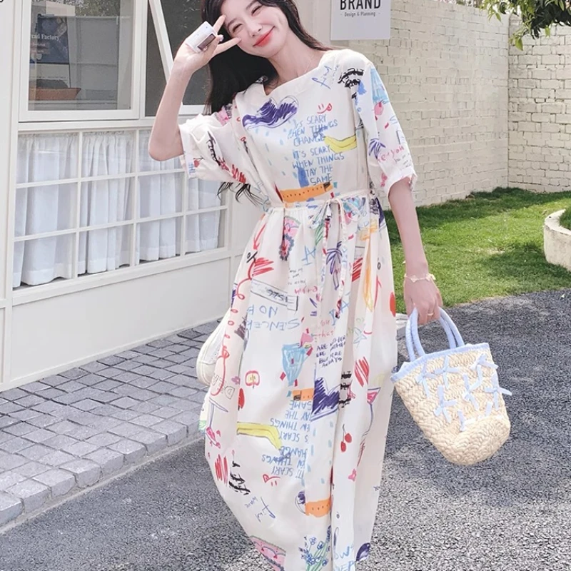 Novedad de verano, ropa de mujer, vestido colorido con dibujo grafiti de dibujos animados, dulce y fino, vestidos camiseros de longitud media con reducción de edad para mujer