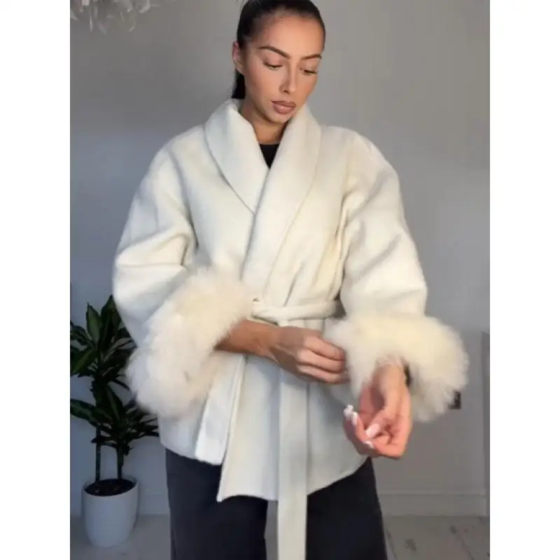 Elegante frauen Lace Up Woolen Mäntel Solide Volle Hülse Drehen-unten Kragen Lose Dame Mäntel 2025, Herbst Winter weibliche Streetwear