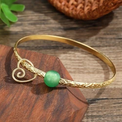 Hawaiian Hammer Bangle Bracelet with Round Jade Bear Samoan Bohemia Polynesian Aloha Tonga Women Jewelry