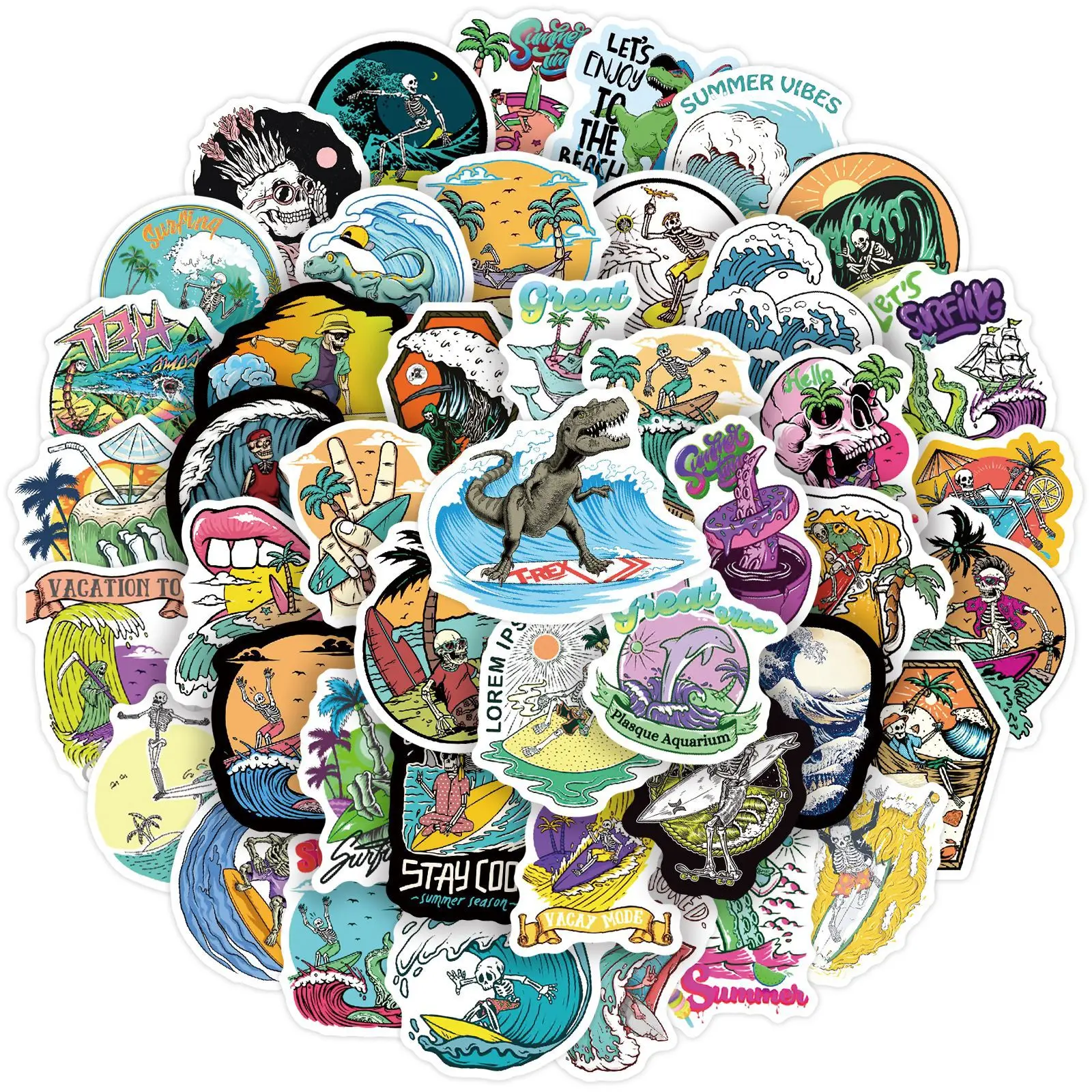 

10/30/50PCS Cool Summer Skull Surfing Stickers Beach Surf Decals DIY Surfboard Phone Cup Luggage Guitar Waterproof Funny Sticker