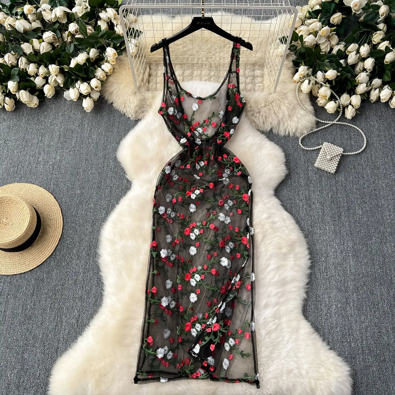 See Through Flower Embroidery Dresses Women Hot Sale Of The Season Fashionable Layered Wear Mid-Length Slit Dress All-match