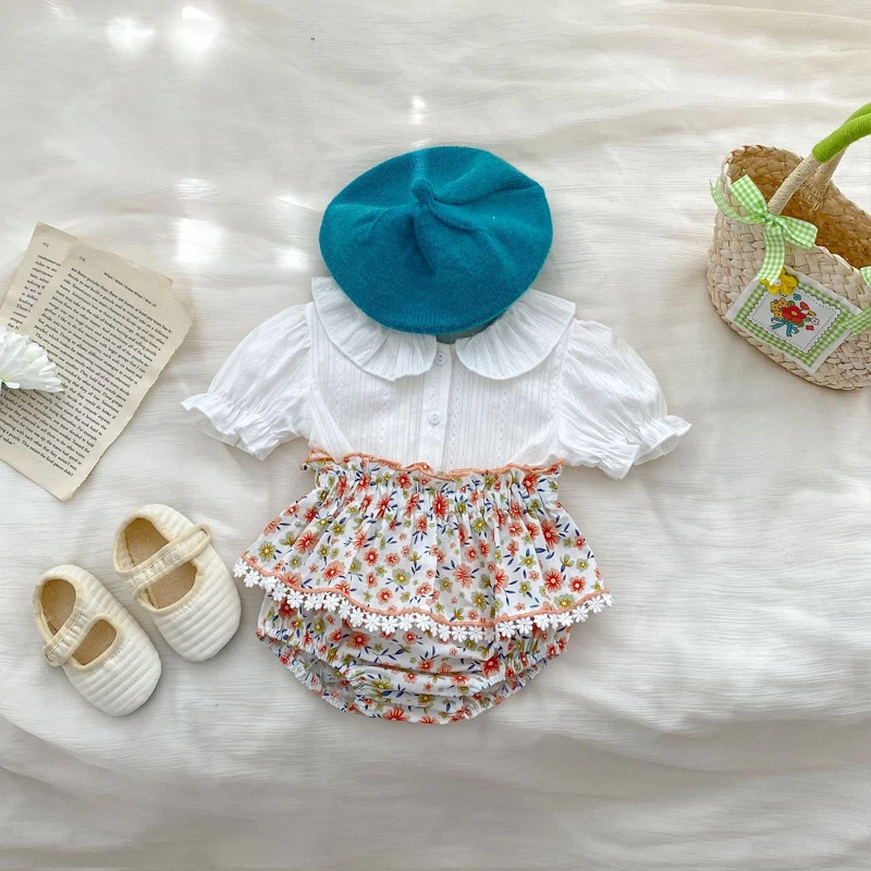 Summer new baby clothing, 0-3 year old girls, small fresh bubble sleeve top+checkered floral skirt pants 2-piece set