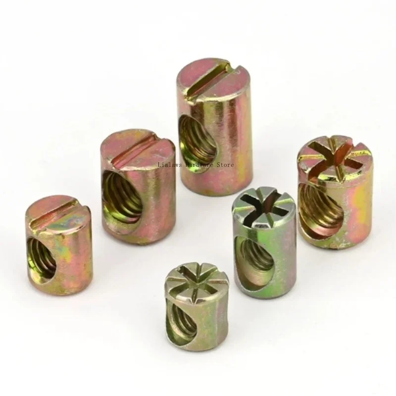 M6 M8 Furniture Hammer Barrel Nut Slotted Color Zinc Carbon Steel Cross Dowel Nuts Zinc Alloy Wood Insert Fasteners